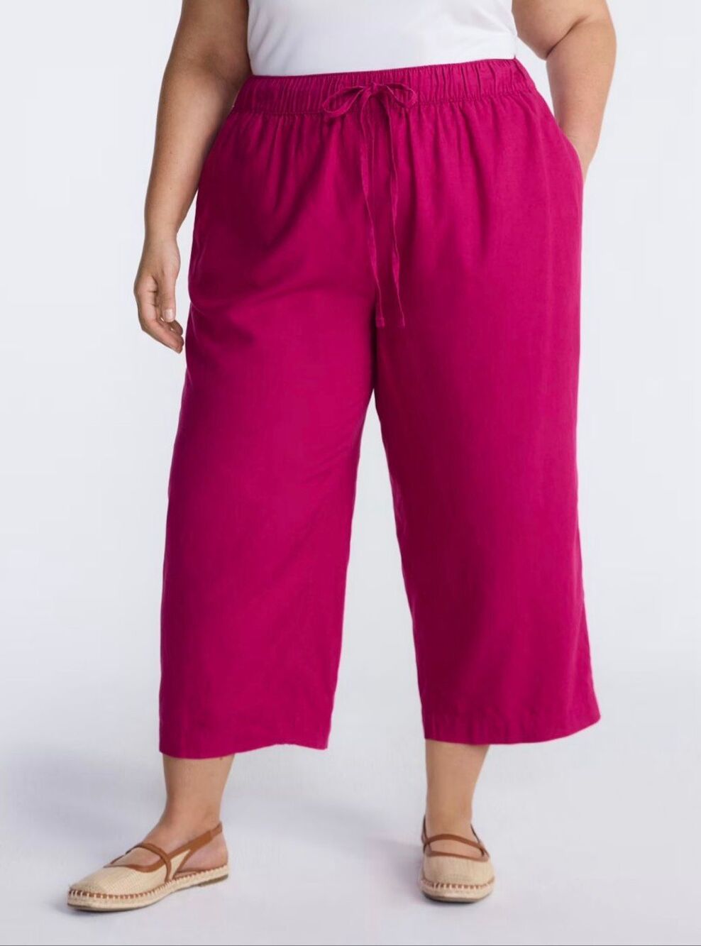 Boutique Medium Pants Wine Linen Cotton Cropped Wide Leg
